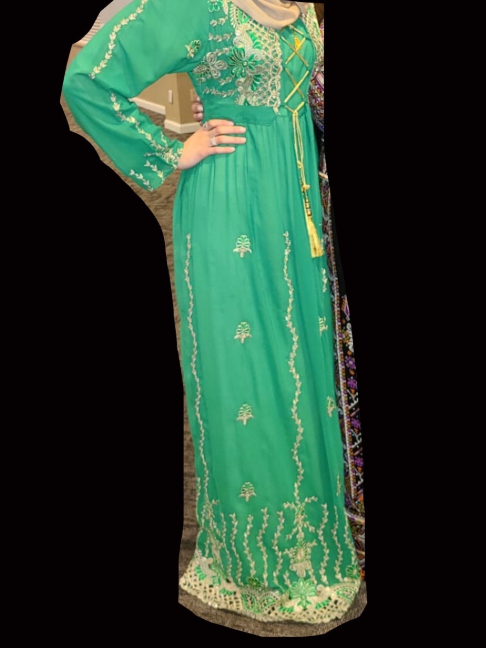 Green Embroidered Maxi Dress with Lace-Up Bodice